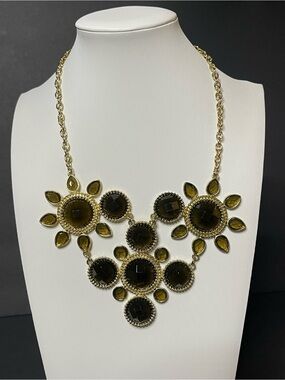 Gold-Tone Olive Green Floral Statement Necklace